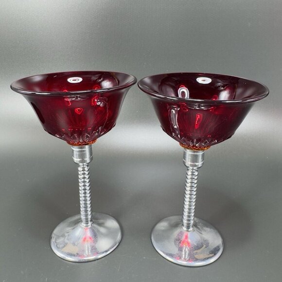 Art Deco Ruby Red Cadmium UV Glow Cocktail Glass Cups Chrome Stems Glasses Set 2 - Picture 15 of 16